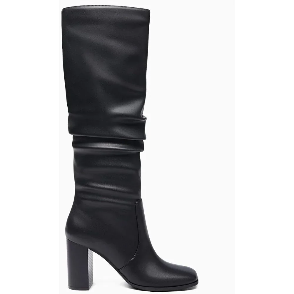 Women's Black-pu Chunky High Heel Square Zipper Wide Calf Knee High Boots
